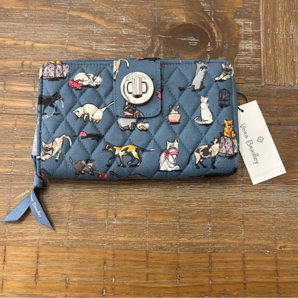 Vera Bradley Quilted Cat Print RFID turn lock Wallet - cat’s Meow dusty Blue